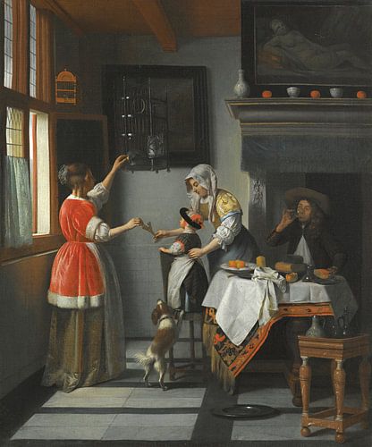 Interieur met drinkende man en twee vrouwen met een kind die een papagaai voeren, Pieter de Hooch