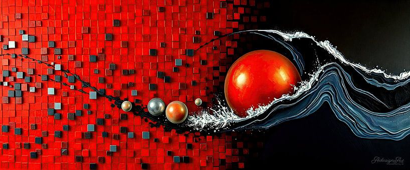 Abstract geometrisch-abstracte compositie in rood en zwart: pulserende kubuswanden, metalen bollen in het gouden gedeelte en de dans tussen ontbinding en duisternis van AidasignArt