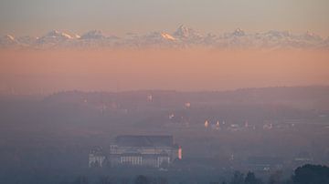 Wiblingen monastery at sunset in winter with alps in background