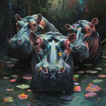 Nijlpaarden | Schilderij Nijlpaarden van Kunst Kriebels