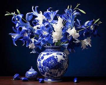 Blauwe lelies in Delfts blauwe vaas stilleven van Vlindertuin Art