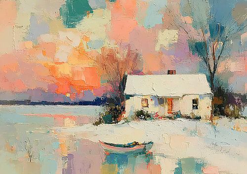 Huis aan het meer in de winterse sneeuw