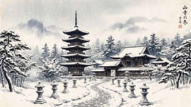 Snowy Japanese Pagoda Mountain Scene by my pixel art
