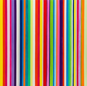 Strepen schilderij kleurrijk: rood, oranje, roze, paars, geel, groen, blauw van Anja Namink - Schilderijen