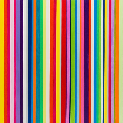 Strepen schilderij kleurrijk: rood, oranje, roze, paars, geel, groen, blauw van Anja Namink - Schilderijen