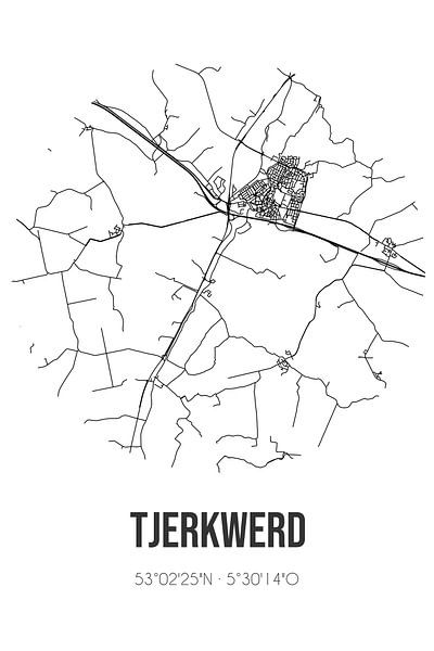 Tjerkwerd (Fryslan) | Carte | Noir et blanc par Affiches de lieux