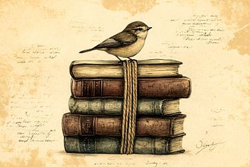 Vogel op boeken in sepia van Art & Soul Creations
