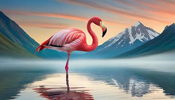 Flamingo steht in einem See mit Berglandschaft im Hintergrund von Animaflora PicsStock