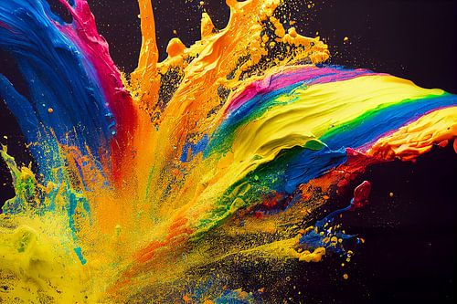 Exploderende vloeibare kleur in regenboogkleuren met spetters op zwarte achtergrond