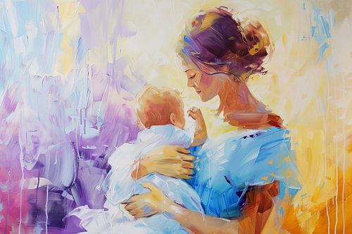 Digitaal abstract schilderachtig portret fictieve vrouw en kind