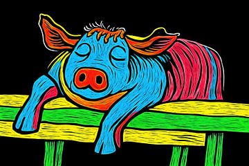 Cow on fence with neon stripes by Art & Soul Creations