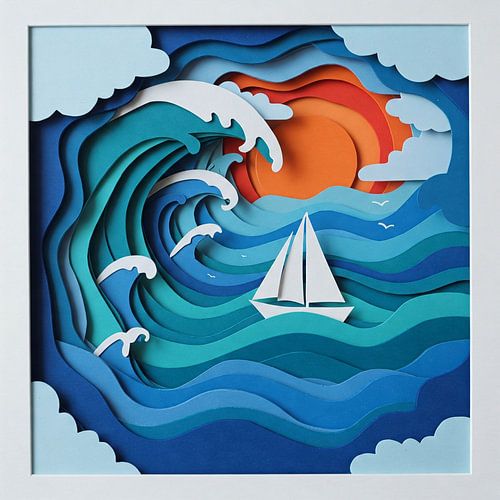 Océan bleu profond - Scène de vagues et de bateaux en papier découpé