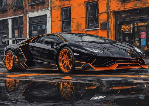 The Lamborghini Centenario Black Color and Orange Line with Cityscape