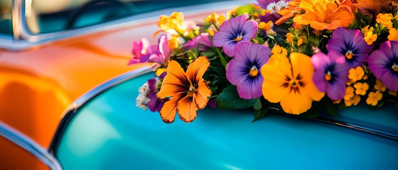 Bunte Blumen auf Oldtimer-Karosserie von Poster Art Shop