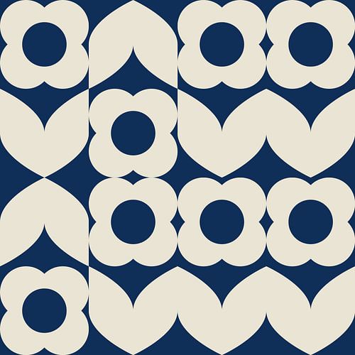 Retro 70s geïnspireerde kunst met tulpen in wit en blauw