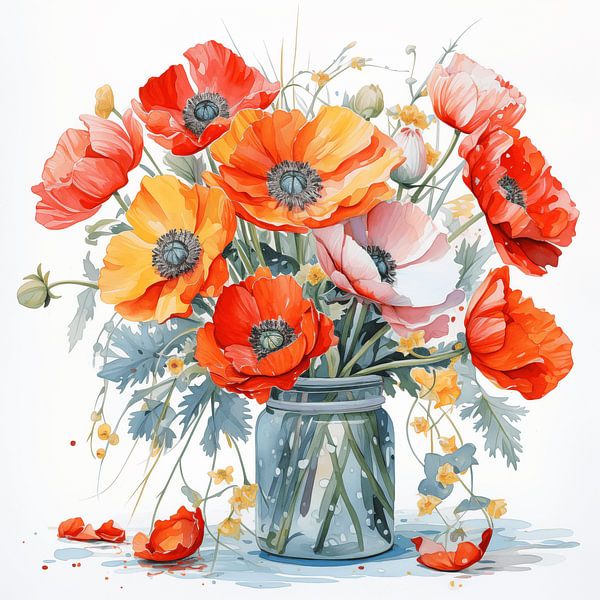 Stilleven met kleurrijke klaprozen in een glas aquarel schilderij op wit canvas art design van Animaflora PicsStock