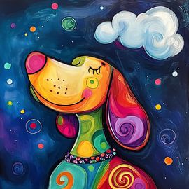 Colourful dog in night blue