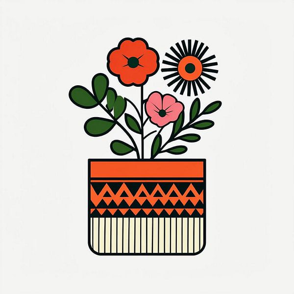 Pot floral moderne du milieu du siècle avec motif abstrait d'art populaire scandinave par Artistic