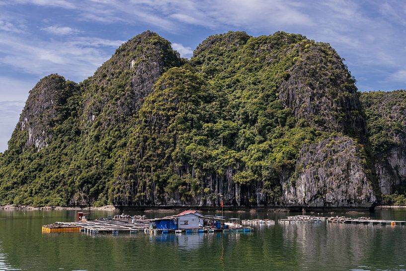 Insel in der Halong-Bucht mit schwimmenden Häusern von Sander Groenendijk