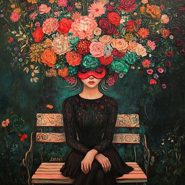 Flowers | Woman Flowers Bench by Eye catching paintings