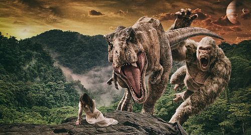 Vrouw in nood, aangevallen door een T-Rex