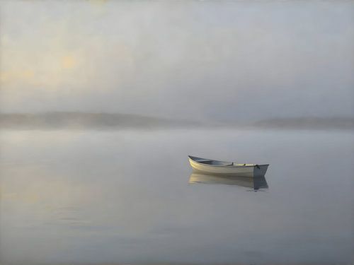 A lone boat in the morning mist