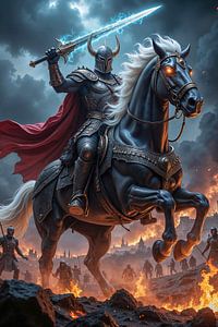 Dark Fantasy Wandbild: NOCTYRON – Der Ritter reitet sein dämonisches Pferd in einer Schlacht