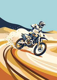 Un pilote de motocross fait un wheelie sur les dunes du désert, laissant derrière lui des traces colorées qui tourbillonnent sur Adam Khabibi