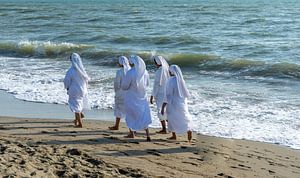 Nonnen gehen am Strand von Italia im Sand spazieren van Animaflora PicsStock