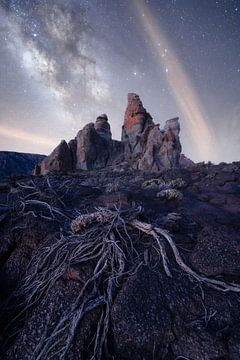 Melkweg boven de rotsen in nationaal park El Teide in Tenerife. van Jos Pannekoek