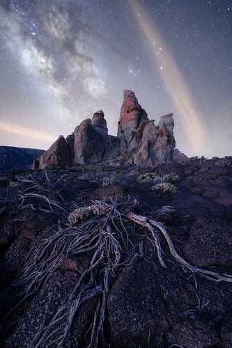 Melkweg boven de rotsen in nationaal park El Teide in Tenerife.
