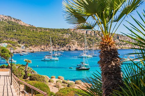 Beautiful island scenery, coast with boats in Sant Elm