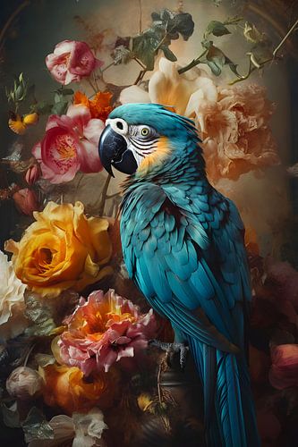 Perroquet parmi les fleurs