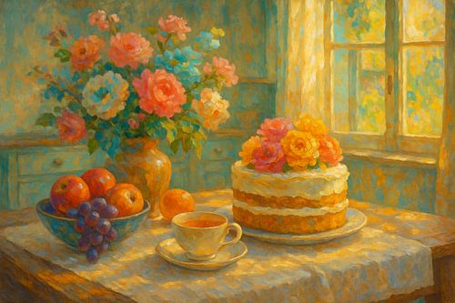 Bloemen en taart in ochtendlicht – warm stilleven met vintage sfeer