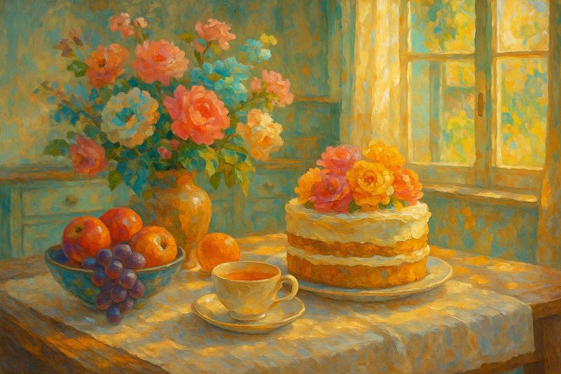 Fleurs et gâteau dans la lumière du matin - nature morte chaleureuse à l'ambiance vintage par Kleurenrijk