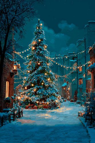 Christmas tree in Atmospheric Winter Village Full of Light and Warmth