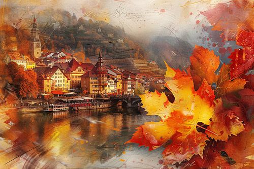 Schilderachtige Herfststad aan de Rivier