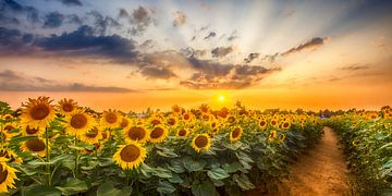 Pfad durch das Sonnenblumenfeld | Panorama von Melanie Viola