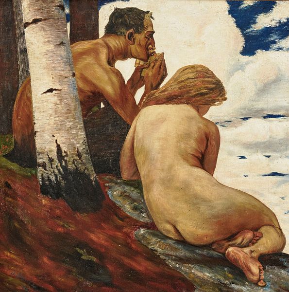 Panfluit spelende Faun en jonge vrouw, 1906 van Atelier Liesjes