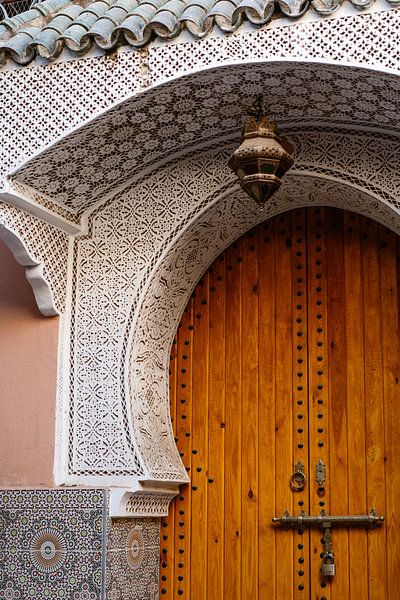 Wooden door with mosaic Marrakech Morocco by Wianda Bongen