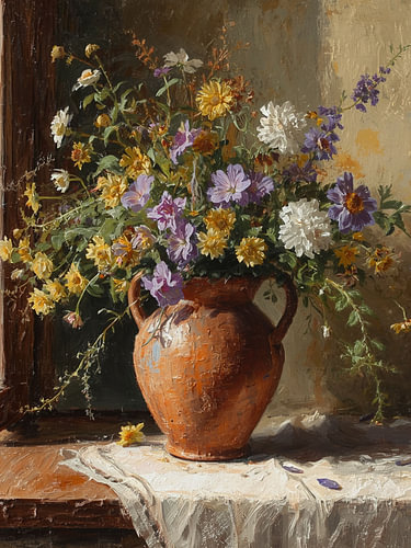 Wildblumen in einer Terrakotta-Vase – Kunst