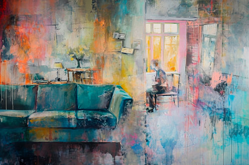 Abstract schilderij,  blauw, geel, oranje, grijs en wit