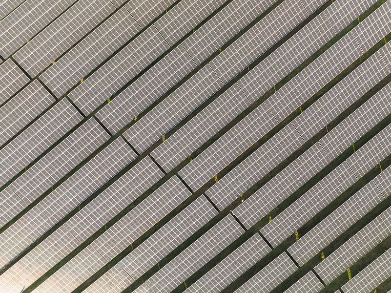 Aerial view on a solar farm producing clean renewable electricity by Sjoerd van der Wal Photography