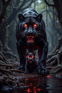 Fantasy Wall Art: UMBRAELIX – A black panther with its cub