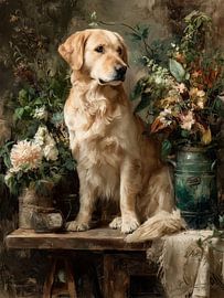 Golden Retriever mit Blumen und Landhausgarten von Erika Kaisersot