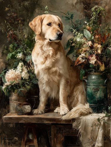 Golden retriever met bloemen en een landelijke tuin