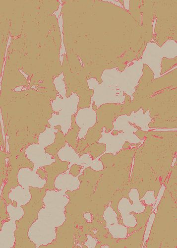 Abstract botanisch. Bloemen in wit en neonroze op oker.