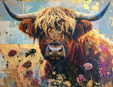 Schotse hooglander schilderij in kleurige stijl van Emiel de Lange