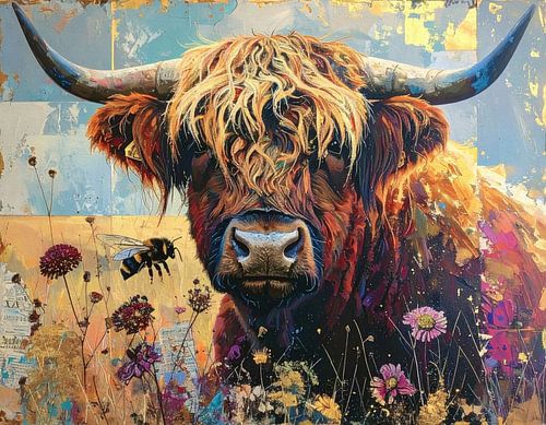 Schotse hooglander schilderij in kleurige stijl