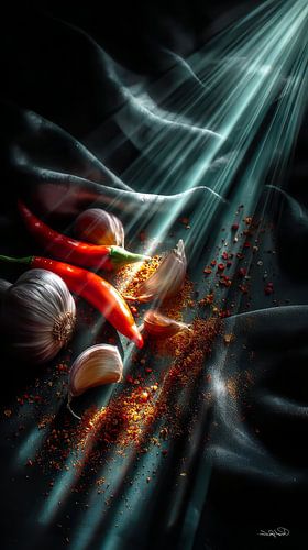 rode pepers - knoflook - limoen - citroen op een zwarte achtergrond met dramatisch licht